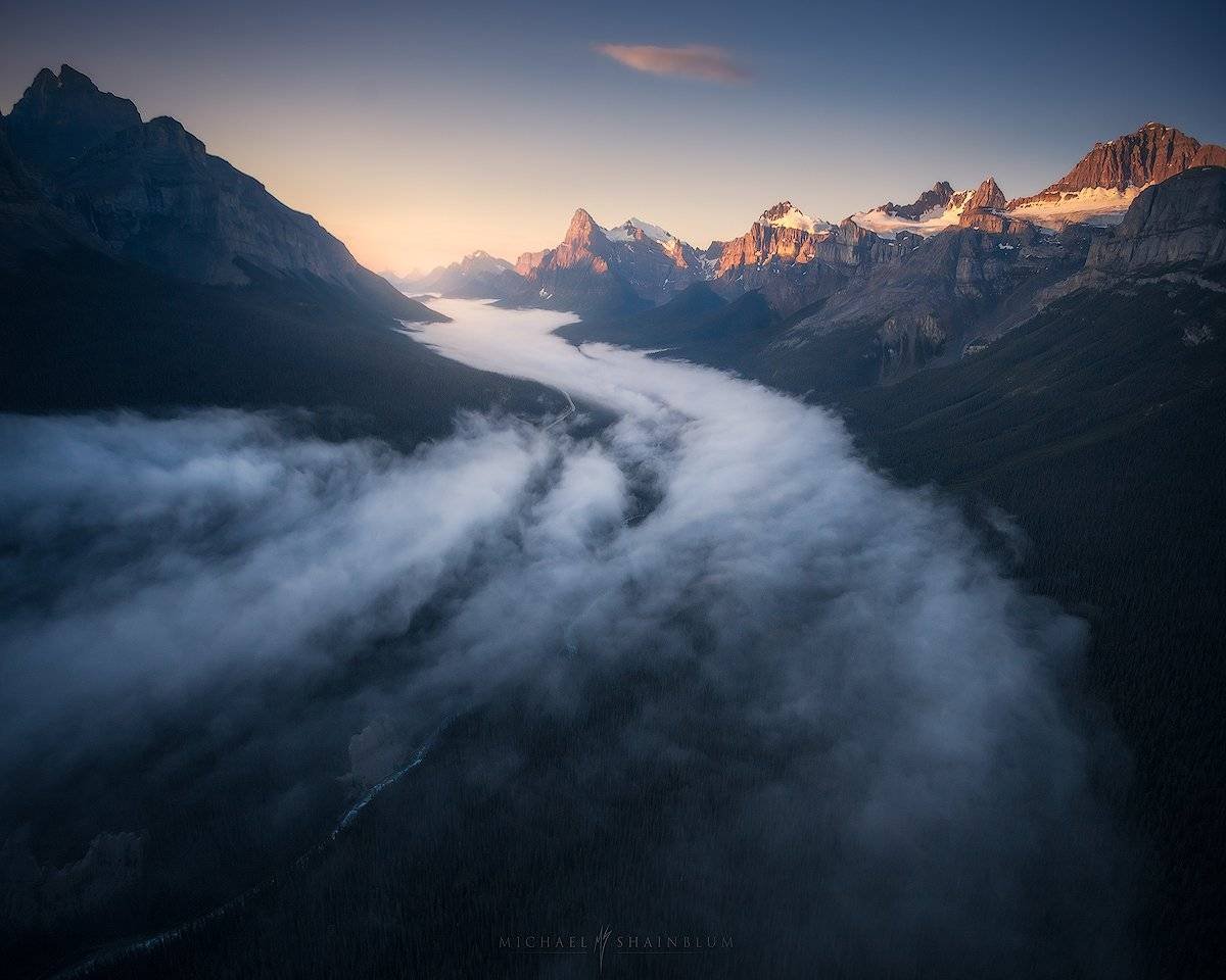 Canada aerial photography fog mountains Rocky Mountains drone landscape commercial